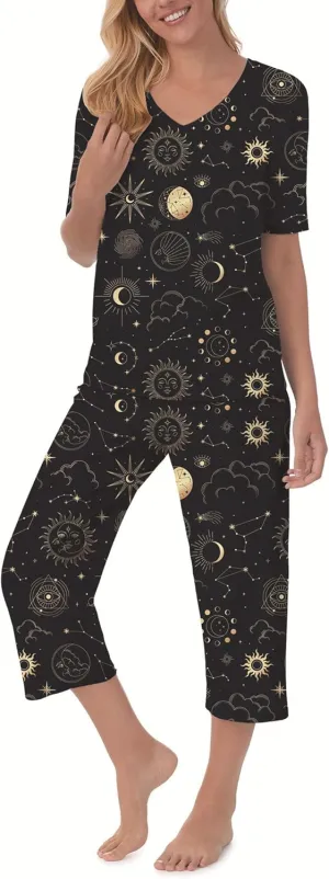 QCIV Womens Pajama Sets V-Neck Short Sleeve Top and Capri Pants with Pockets Sleepwear Set Two Piece PJS