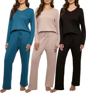 Real Essentials 2 Pack Women's Soft Cotton Long Sleeve Pajama Set with Pants - Lounge Sets for Women (Available In Plus)