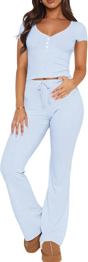 REVETRO Women's 2 Piece Lounge Sets Summer Short Sleeve Tops Fitted Pants Sexy Pajama Set Y2k Matching Set