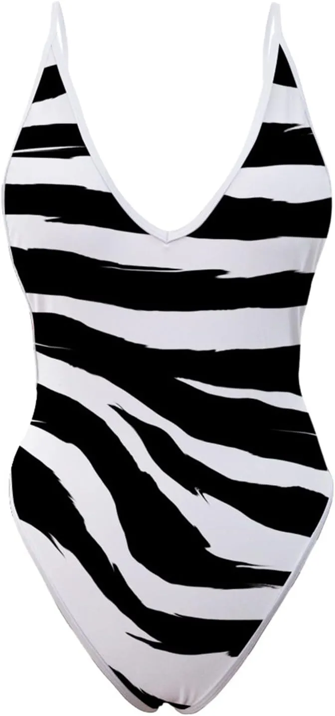 Sexy One Piece Swimsuits for Women Plunge Deep V Neck Backless Bathing Suits Print Halter Tummy Control Swimwear