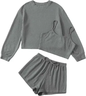 SHENHE Women's Pajama Sets Sleepwear 3 Piece Ribbed Knit Cami Top and Shorts Lounge Sets Outfits Set with Tee