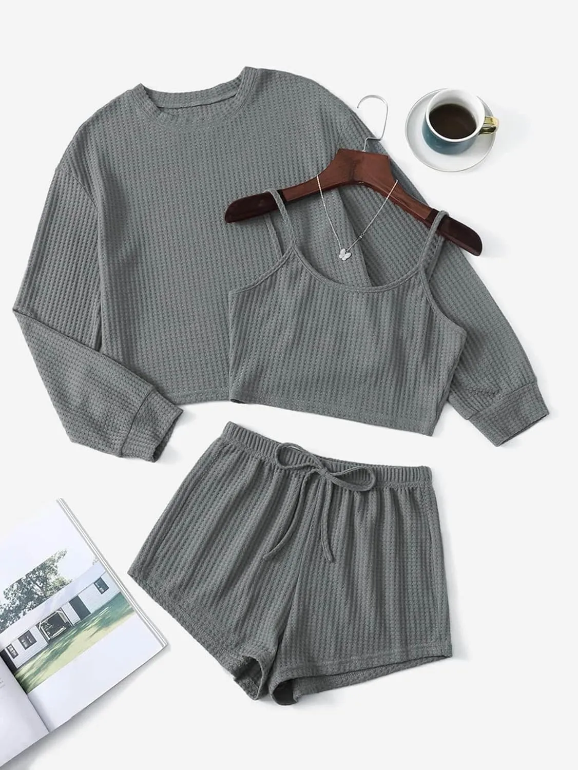SHENHE Women's Pajama Sets Sleepwear 3 Piece Ribbed Knit Cami Top and Shorts Lounge Sets Outfits Set with Tee