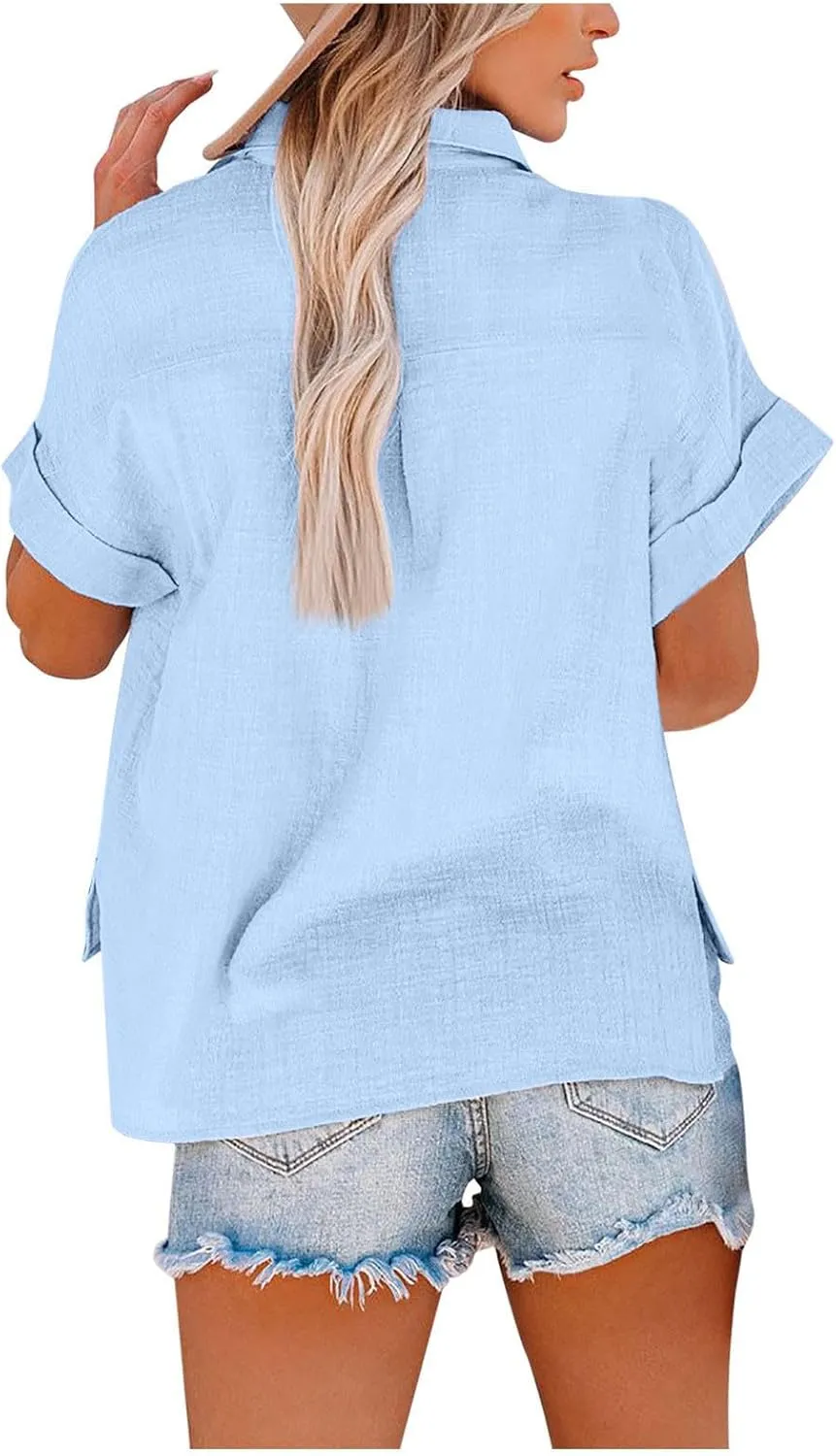 Short Sleeve Button Down Shirts for Women Casual Summer Cotton Linen Tops Collared Business Work Office Blouses