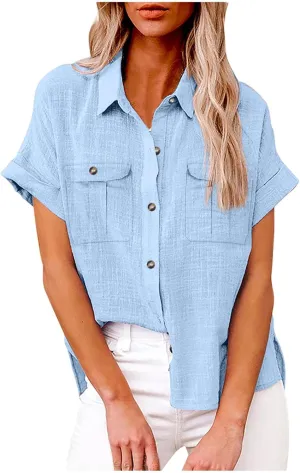 Short Sleeve Button Down Shirts for Women Casual Summer Cotton Linen Tops Collared Business Work Office Blouses