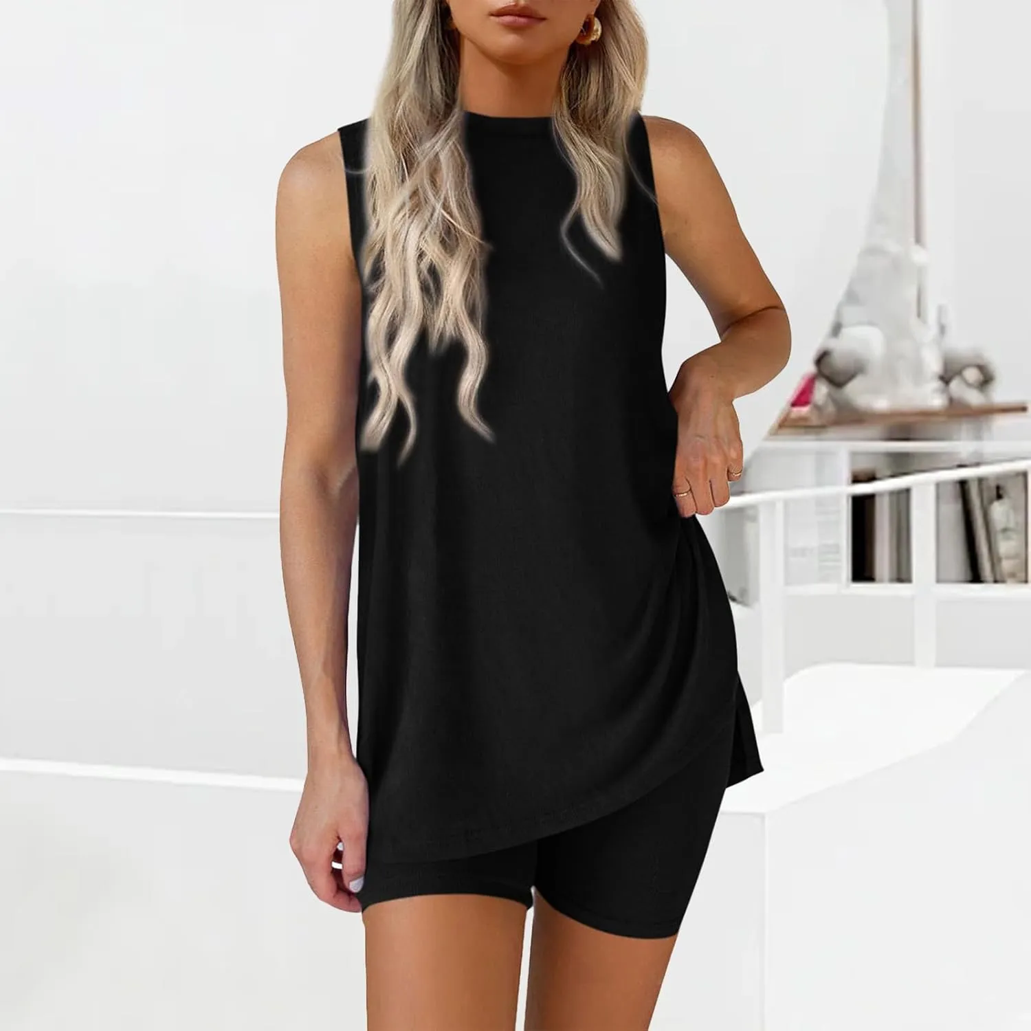 Shorts Sets Women 2 Piece Outfits Plus Size Lounge Matching Set Biker Short Sets Sleeveless Tank Tops Vacation Beachwear