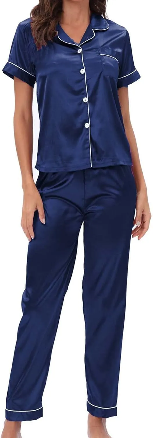 Silk Satin Pajamas Set for Women 2 Piece Nightwear Button Down Sleepwear Long Sleeve Loungewear Plus Size Pjs Sets