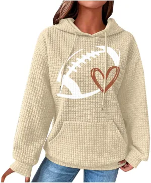 Stessotudo Womens Waffle Knit Hoodies Casual Long Sleeve Cute Football Print Sweatshirts Drawstring Trendy Pullover Tops 2023