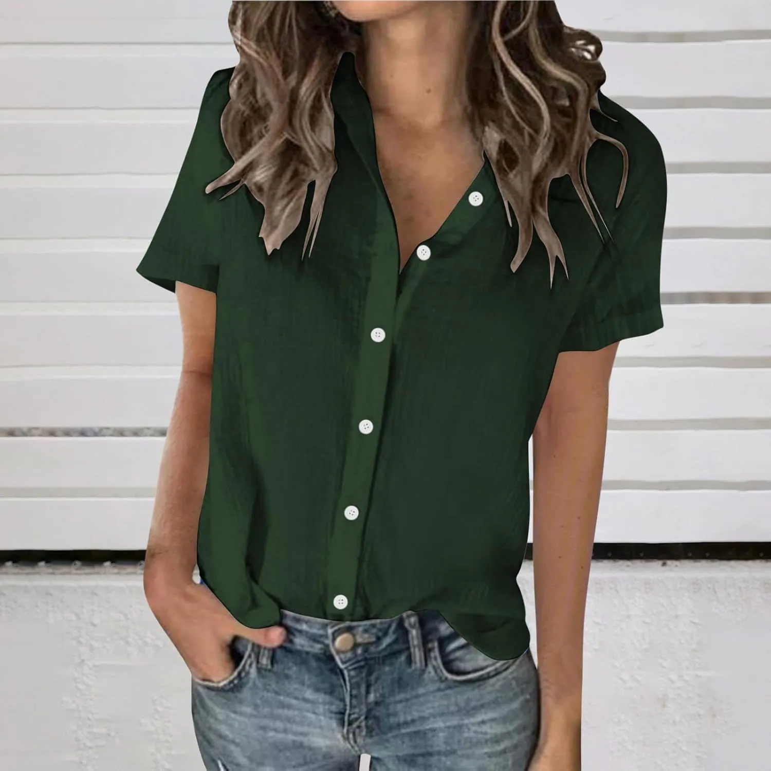 Summer Outfits for Women 2025 Button Down Short Sleeve Regular Fit Shirts Cotton Linen Comfy Casual Work Tshirt