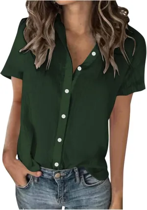 Summer Outfits for Women 2025 Button Down Short Sleeve Regular Fit Shirts Cotton Linen Comfy Casual Work Tshirt