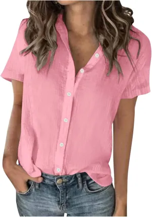 Summer Outfits for Women 2025 Button Down Short Sleeve Regular Fit Shirts Cotton Linen Comfy Casual Work Tshirt