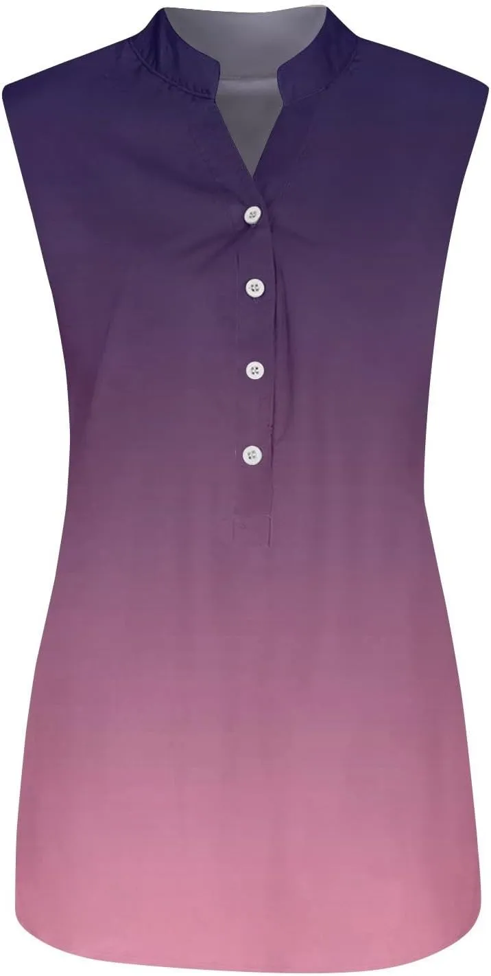 Summer Tank Tops for Women Plus Size Vneck Sleeveless T-Shirts Gradient Button Down Casual Office Tees Tunics