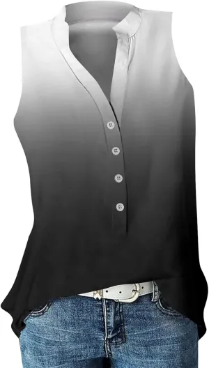 Summer Tank Tops for Women Plus Size Vneck Sleeveless T-Shirts Gradient Button Down Casual Office Tees Tunics
