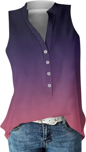 Summer Tank Tops for Women Plus Size Vneck Sleeveless T-Shirts Gradient Button Down Casual Office Tees Tunics