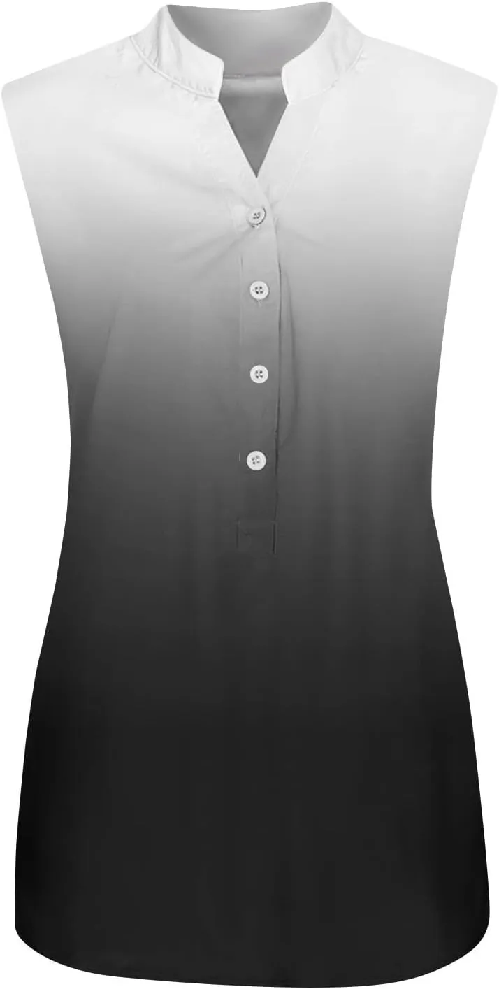 Summer Tank Tops for Women Plus Size Vneck Sleeveless T-Shirts Gradient Button Down Casual Office Tees Tunics