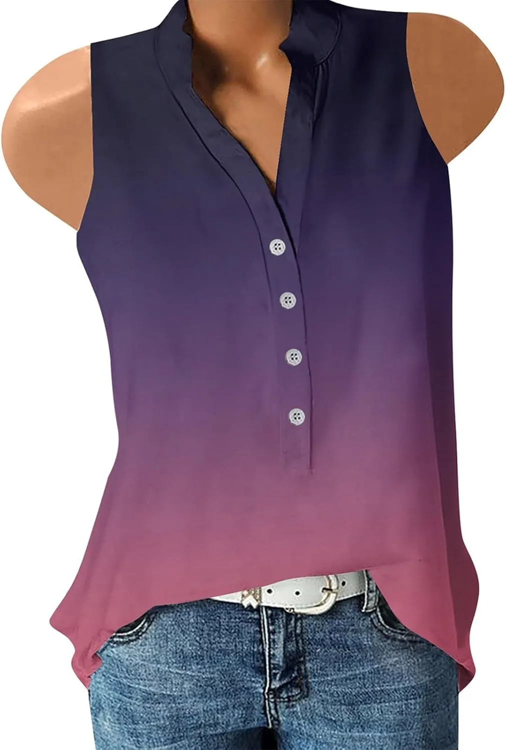 Summer Tank Tops for Women Plus Size Vneck Sleeveless T-Shirts Gradient Button Down Casual Office Tees Tunics