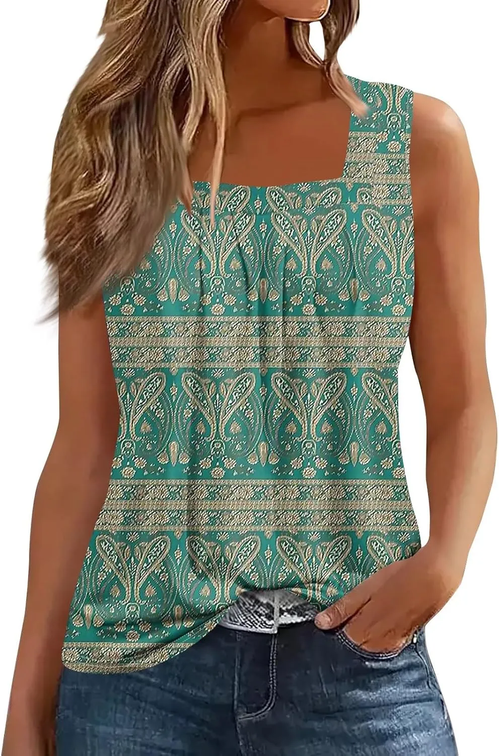 Summer Tank Tops for Women Sleeveless Square Neck Tops Comfy Pleated Tanks Blouses Dressy Casual