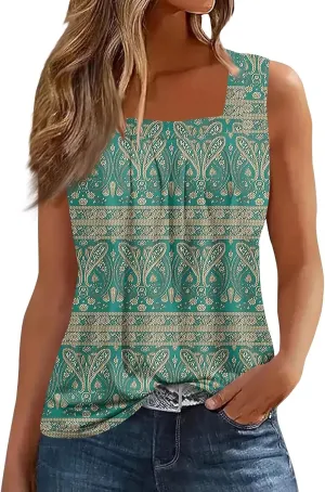 Summer Tank Tops for Women Sleeveless Square Neck Tops Comfy Pleated Tanks Blouses Dressy Casual