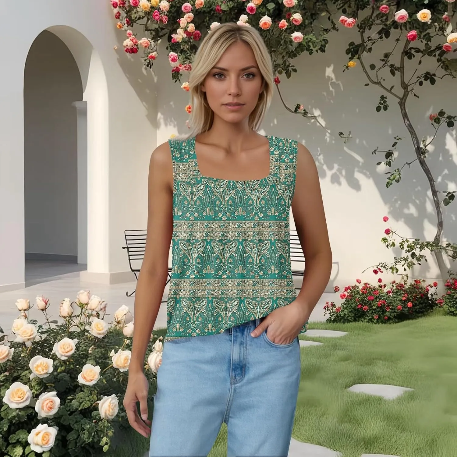 Summer Tank Tops for Women Sleeveless Square Neck Tops Comfy Pleated Tanks Blouses Dressy Casual