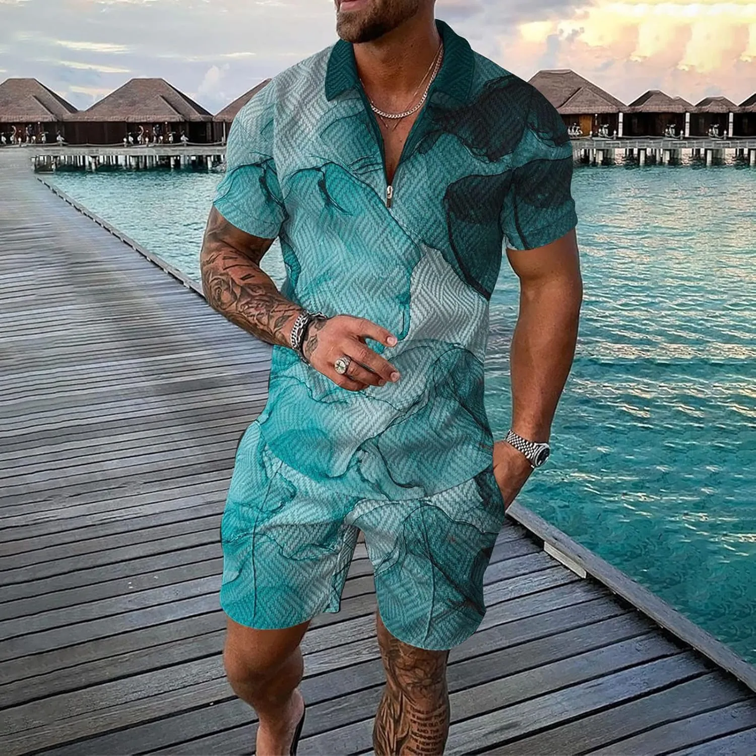 SUWBMHWE Men's Tracksuits Fashion 2 Piece Athletic Color Block Sets Classic Summer Vacation Button Down Shirts Suit