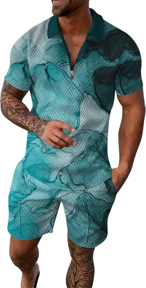 SUWBMHWE Men's Tracksuits Fashion 2 Piece Athletic Color Block Sets Classic Summer Vacation Button Down Shirts Suit