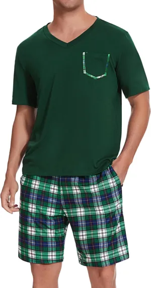 Sykooria Mens Cotton Pajamas Set 2 Piece Soft Sleepwear Short Sleeve Top & Plaid Shorts With Pockets