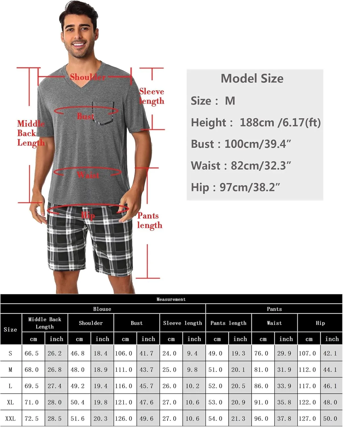 Sykooria Mens Cotton Pajamas Set 2 Piece Soft Sleepwear Short Sleeve Top & Plaid Shorts With Pockets