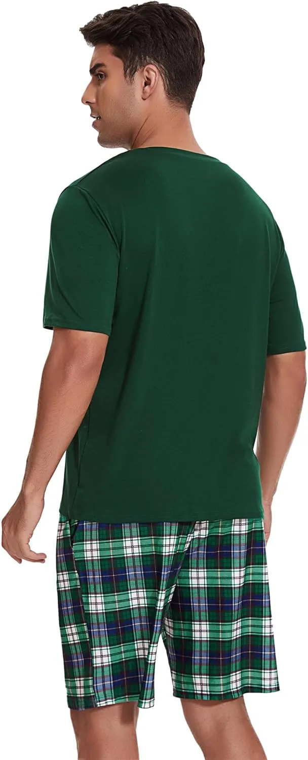 Sykooria Mens Cotton Pajamas Set 2 Piece Soft Sleepwear Short Sleeve Top & Plaid Shorts With Pockets
