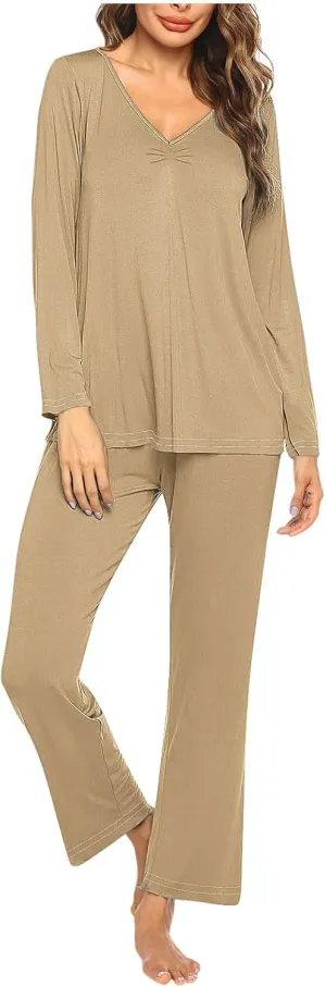 TANGNADE Ladies Pajamas Sets Long Sleeve V Neck Soft Sleepwear Pjs Sets Christmas Vacation Fashion Lounge Nightwear