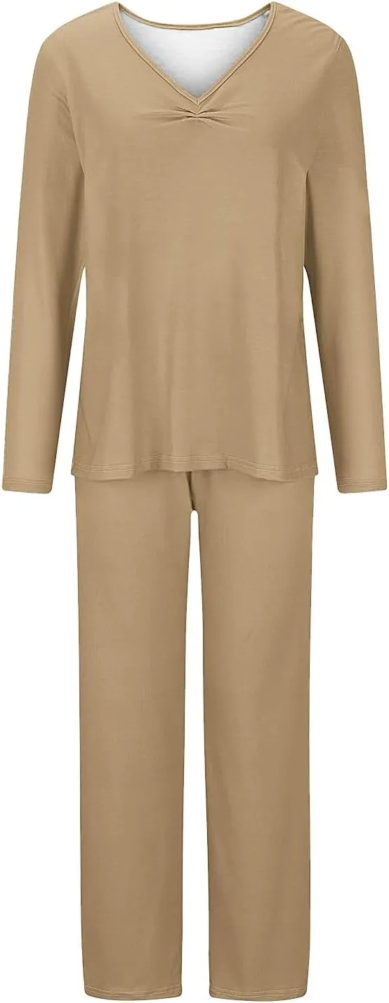 TANGNADE Ladies Pajamas Sets Long Sleeve V Neck Soft Sleepwear Pjs Sets Christmas Vacation Fashion Lounge Nightwear