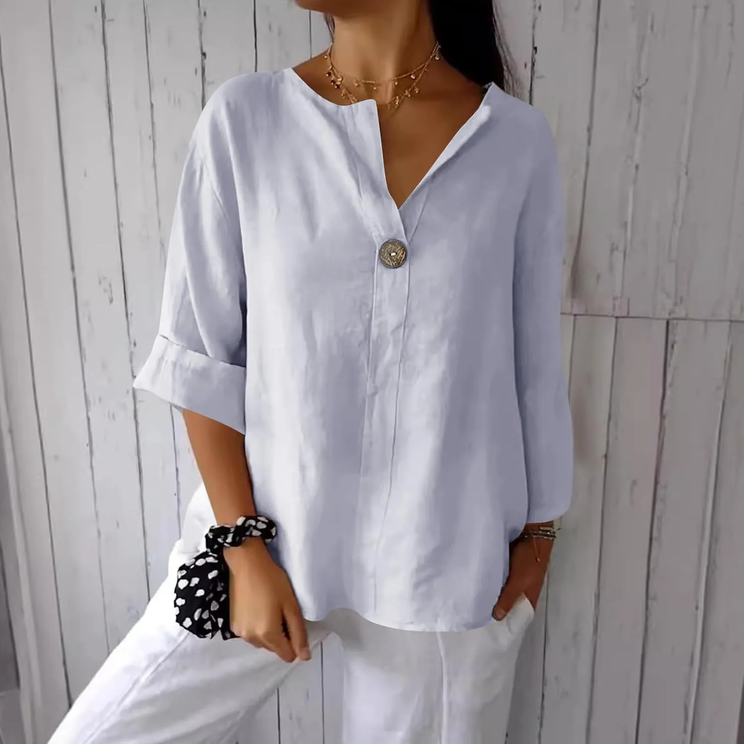 TANGNADE Linen Button Down Shirt Women Short Sleeve Loose Fit V Neck Tops Comfy Solid T-Shirt Loose Summer Blouses