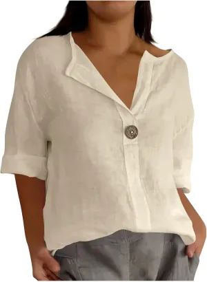 TANGNADE Linen Button Down Shirt Women Short Sleeve Loose Fit V Neck Tops Comfy Solid T-Shirt Loose Summer Blouses