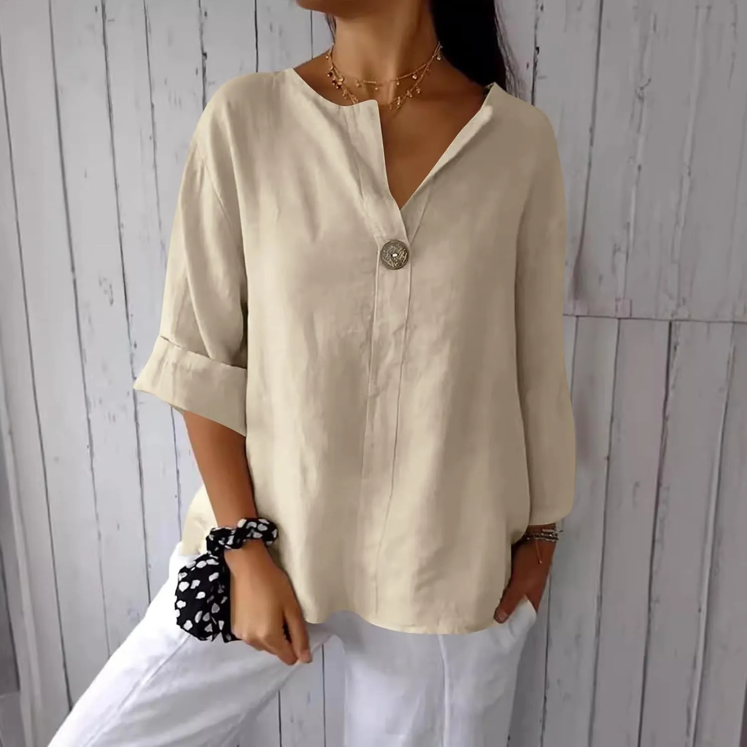TANGNADE Linen Button Down Shirt Women Short Sleeve Loose Fit V Neck Tops Comfy Solid T-Shirt Loose Summer Blouses