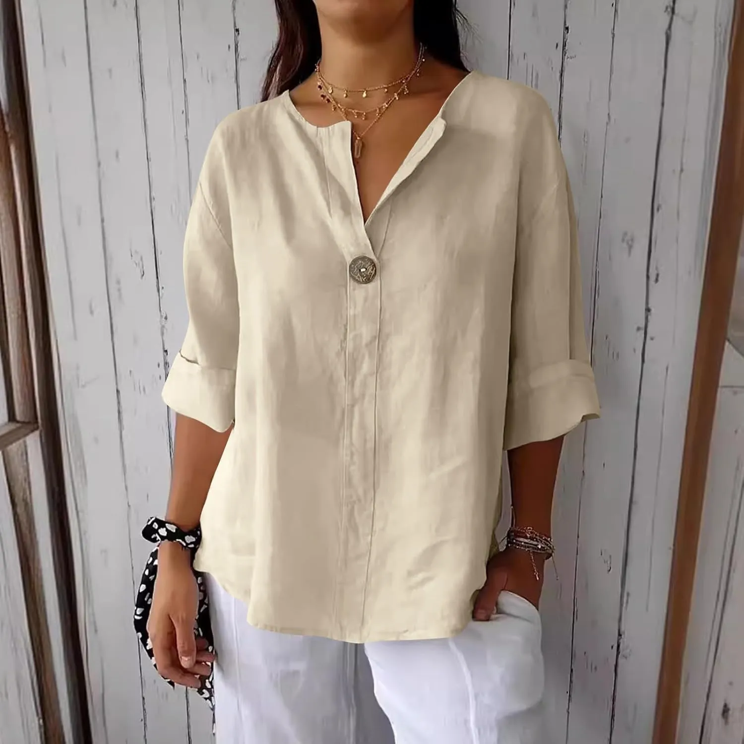 TANGNADE Linen Button Down Shirt Women Short Sleeve Loose Fit V Neck Tops Comfy Solid T-Shirt Loose Summer Blouses