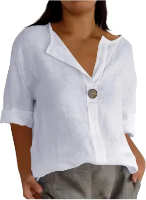 TANGNADE Linen Button Down Shirt Women Short Sleeve Loose Fit V Neck Tops Comfy Solid T-Shirt Loose Summer Blouses