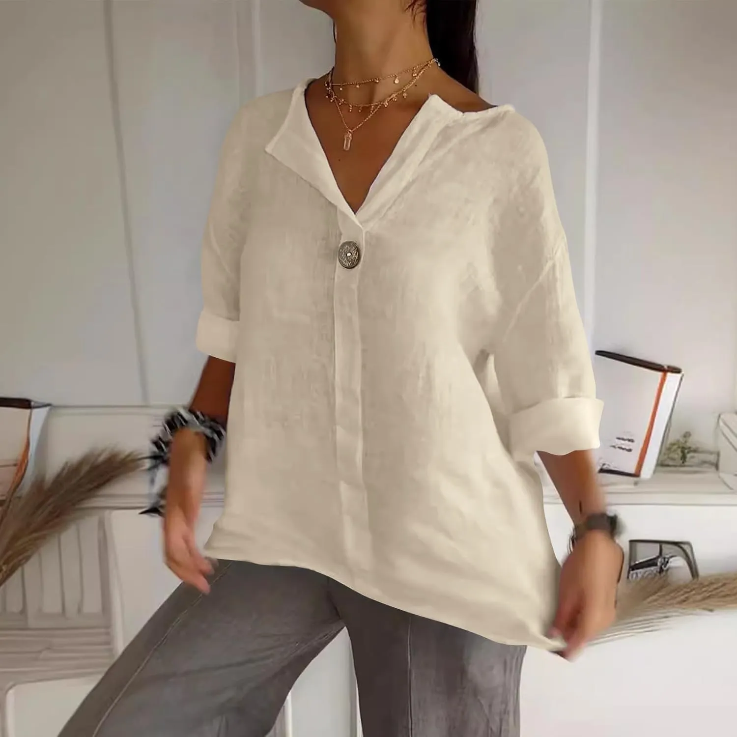 TANGNADE Linen Button Down Shirt Women Short Sleeve Loose Fit V Neck Tops Comfy Solid T-Shirt Loose Summer Blouses