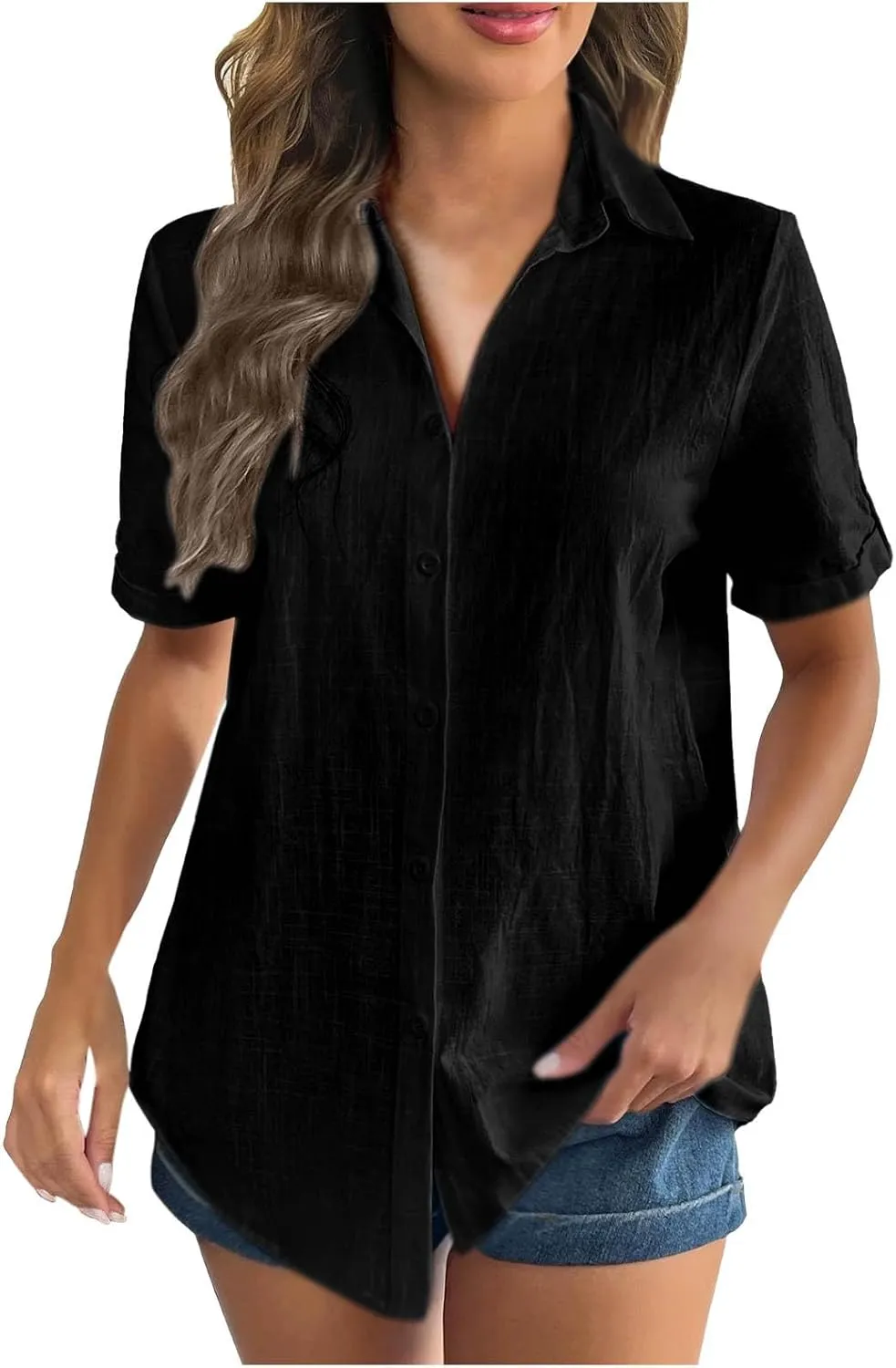 TANGNADE Linen Button Up Shirts Rolled Cuffed Short Sleeve Women Casual Loose Collared Tunic Tops Ladies Work Office Blouse