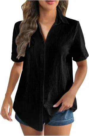 TANGNADE Linen Button Up Shirts Rolled Cuffed Short Sleeve Women Casual Loose Collared Tunic Tops Ladies Work Office Blouse
