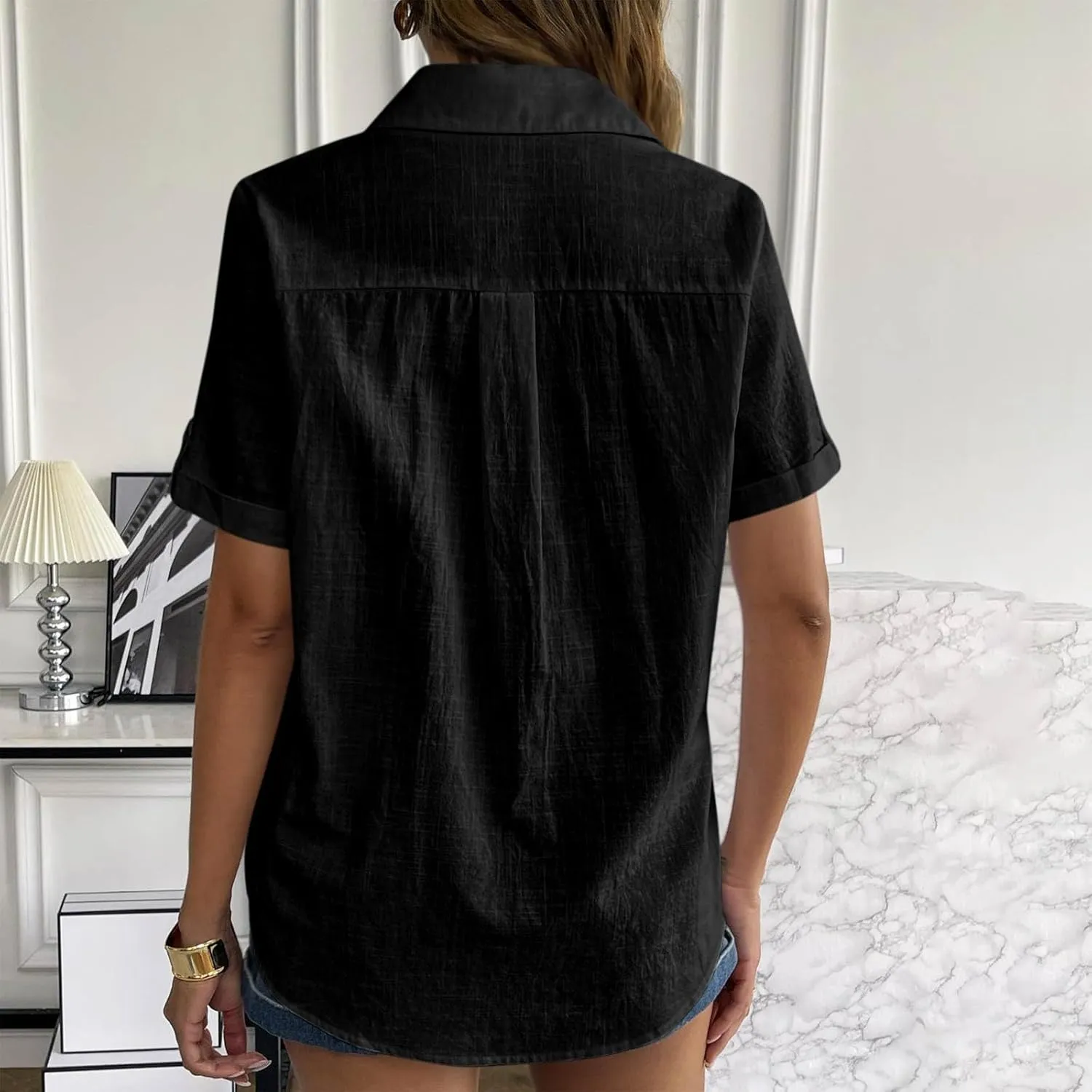 TANGNADE Linen Button Up Shirts Rolled Cuffed Short Sleeve Women Casual Loose Collared Tunic Tops Ladies Work Office Blouse