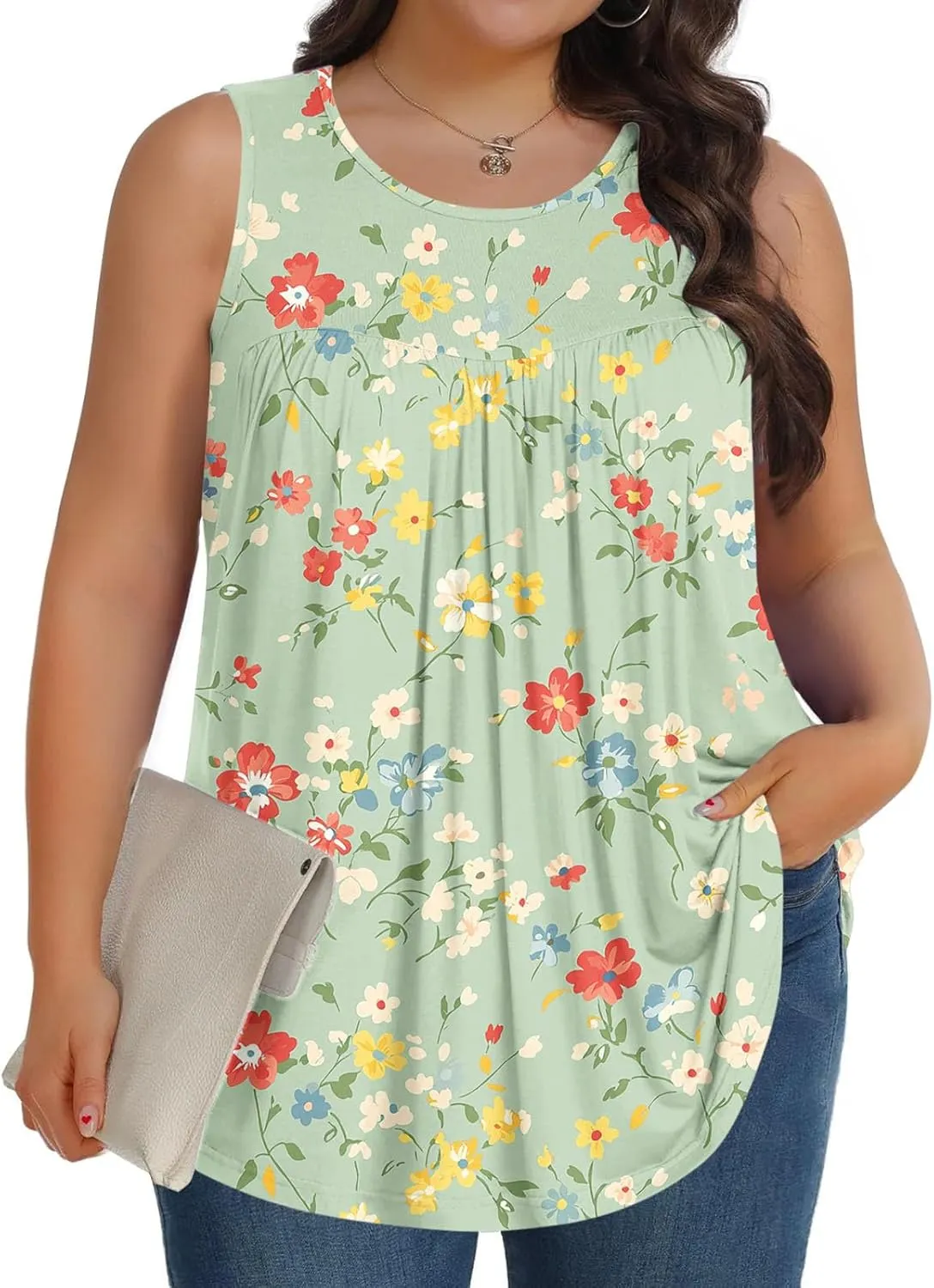 Tank Top for Women Plus Size Printed Sleeveless Tops Loose Casual Pleated Crewneck Blouses Trendy Flowy Tunic Tshirts