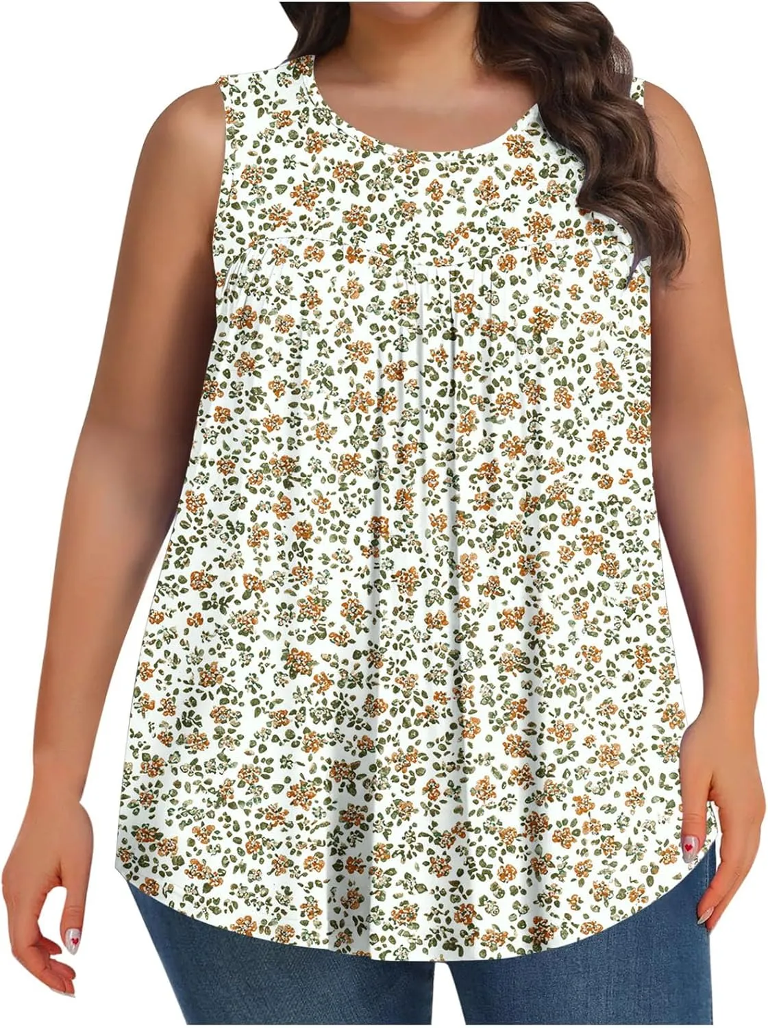 Tank Top for Women Plus Size Printed Sleeveless Tops Loose Casual Pleated Crewneck Blouses Trendy Flowy Tunic Tshirts