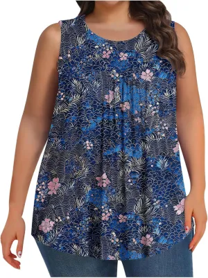 Tank Top for Women Plus Size Printed Sleeveless Tops Loose Casual Pleated Crewneck Blouses Trendy Flowy Tunic Tshirts