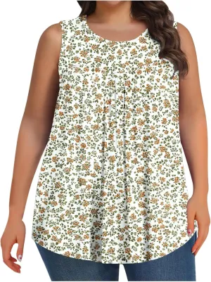 Tank Top for Women Plus Size Printed Sleeveless Tops Loose Casual Pleated Crewneck Blouses Trendy Flowy Tunic Tshirts
