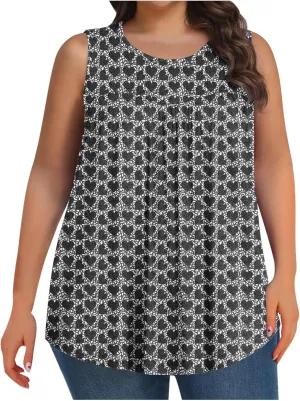 Tank Top for Women Plus Size Printed Sleeveless Tops Loose Casual Pleated Crewneck Blouses Trendy Flowy Tunic Tshirts
