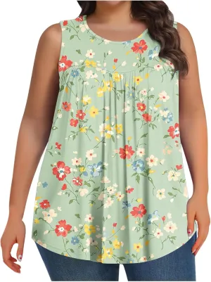 Tank Top for Women Plus Size Printed Sleeveless Tops Loose Casual Pleated Crewneck Blouses Trendy Flowy Tunic Tshirts