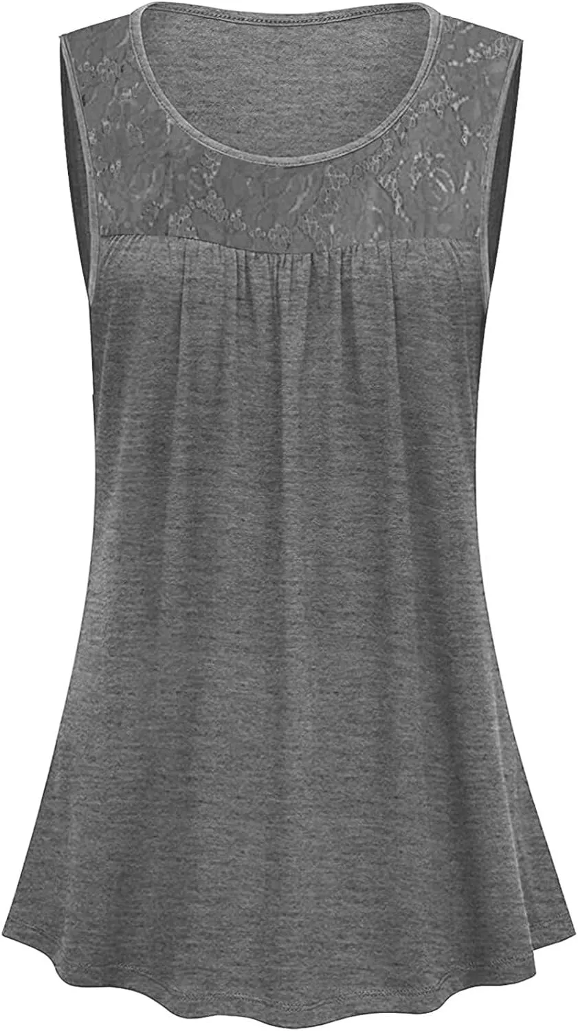 Tank Top for Women, Plus Size Sleeveless Tunic Tops Fashion Lace Patchwork Summer Blouses Crewneck Ruched Solid Shirt