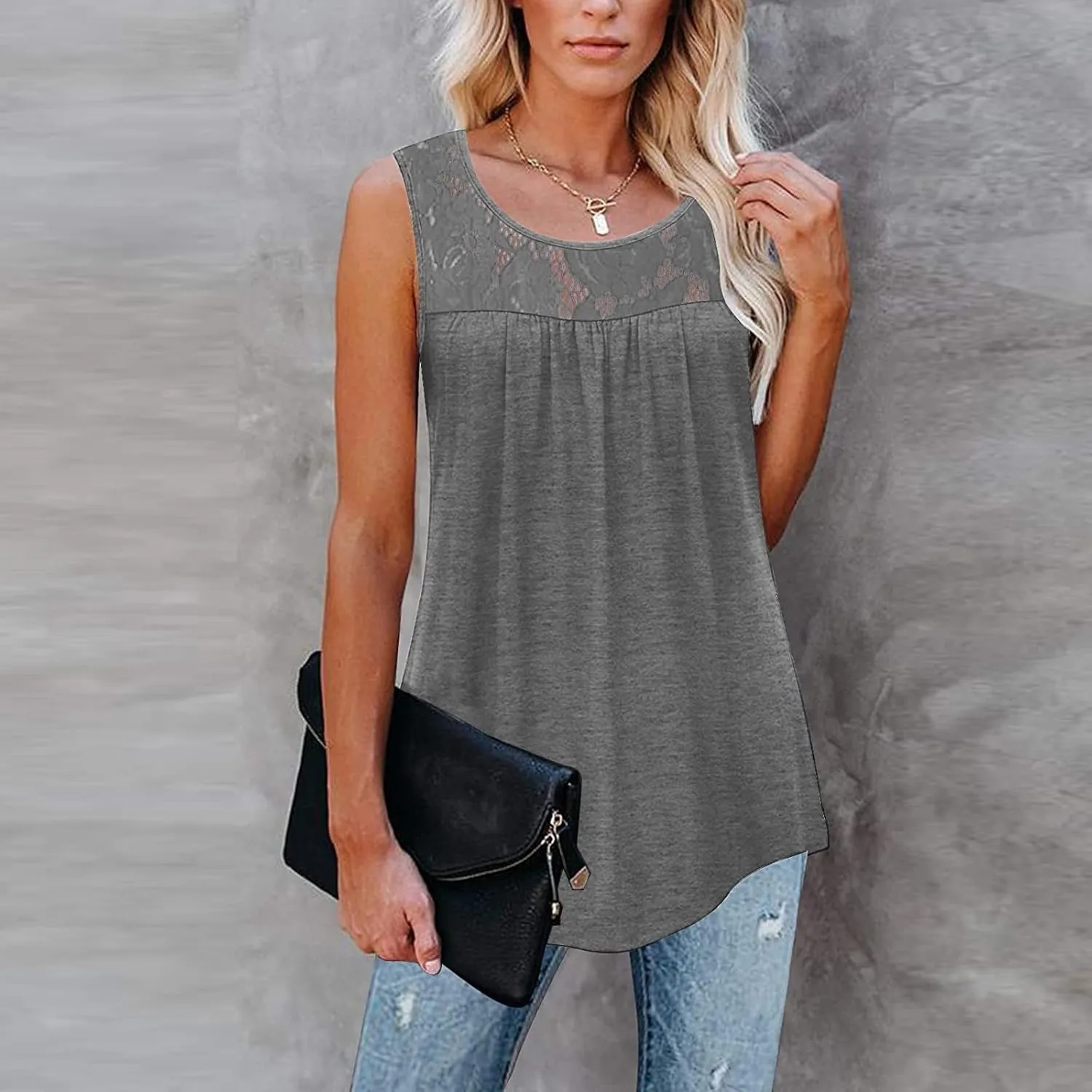 Tank Top for Women, Plus Size Sleeveless Tunic Tops Fashion Lace Patchwork Summer Blouses Crewneck Ruched Solid Shirt