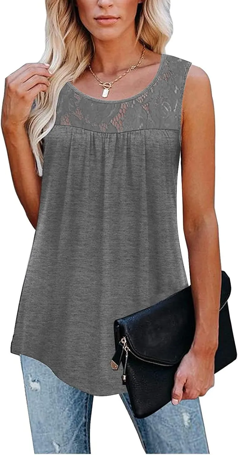 Tank Top for Women, Plus Size Sleeveless Tunic Tops Fashion Lace Patchwork Summer Blouses Crewneck Ruched Solid Shirt