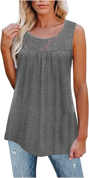 Tank Top for Women, Plus Size Sleeveless Tunic Tops Fashion Lace Patchwork Summer Blouses Crewneck Ruched Solid Shirt