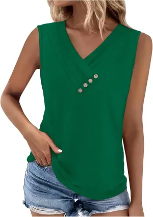 Tank Top for Women Summer Pleated Button V Neck T Shirts Sleeveless Loose Fit Blouse 2025 Fashion Tunics