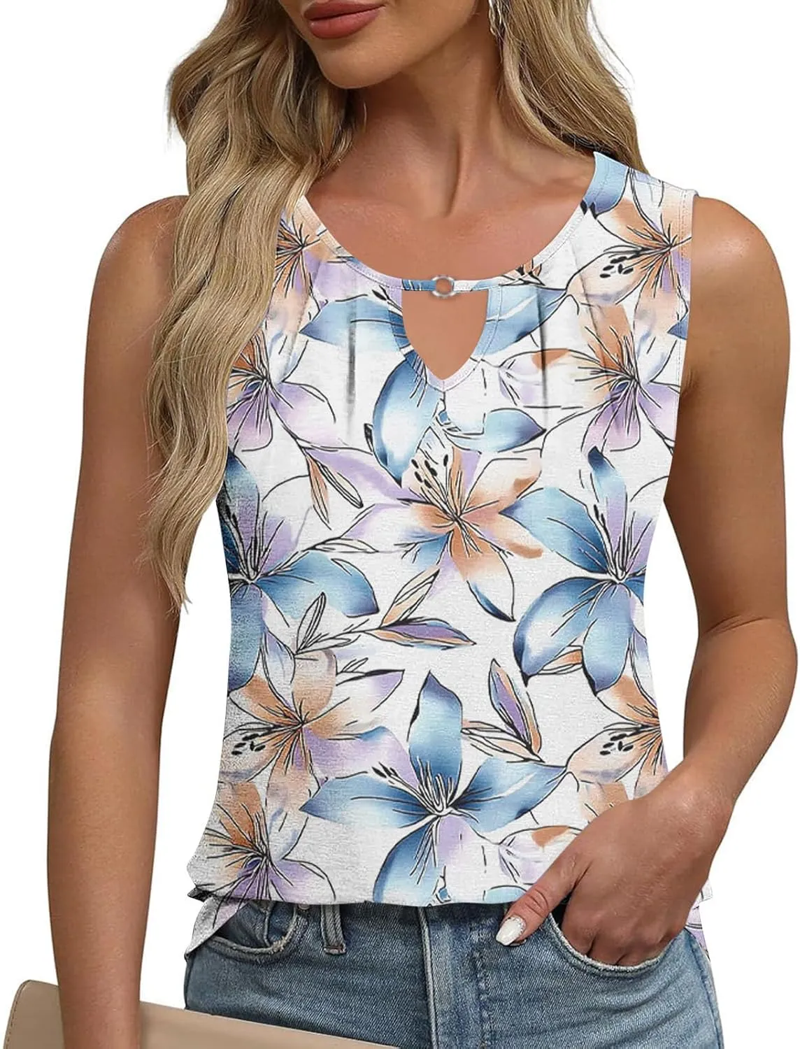 Tank Top for Women Summer Sleeveless Crew Neck Outfits Fashion Floral Print Beach Vacation Tops Trendy Dressy Shirt